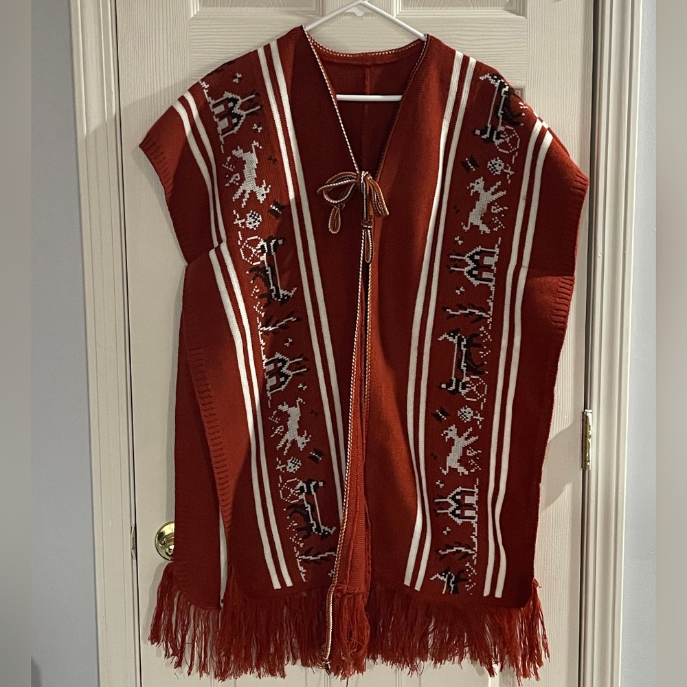 Boutique Orange White Brown Stripe Amish Horse Buggy House Tie Poncho Sweater OS